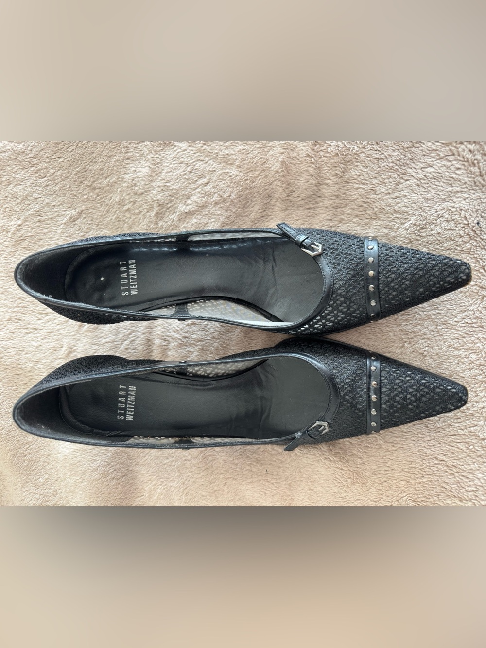 Stuart Weitzman Black Textured Pointed Toe heels with Stud and buckle detail